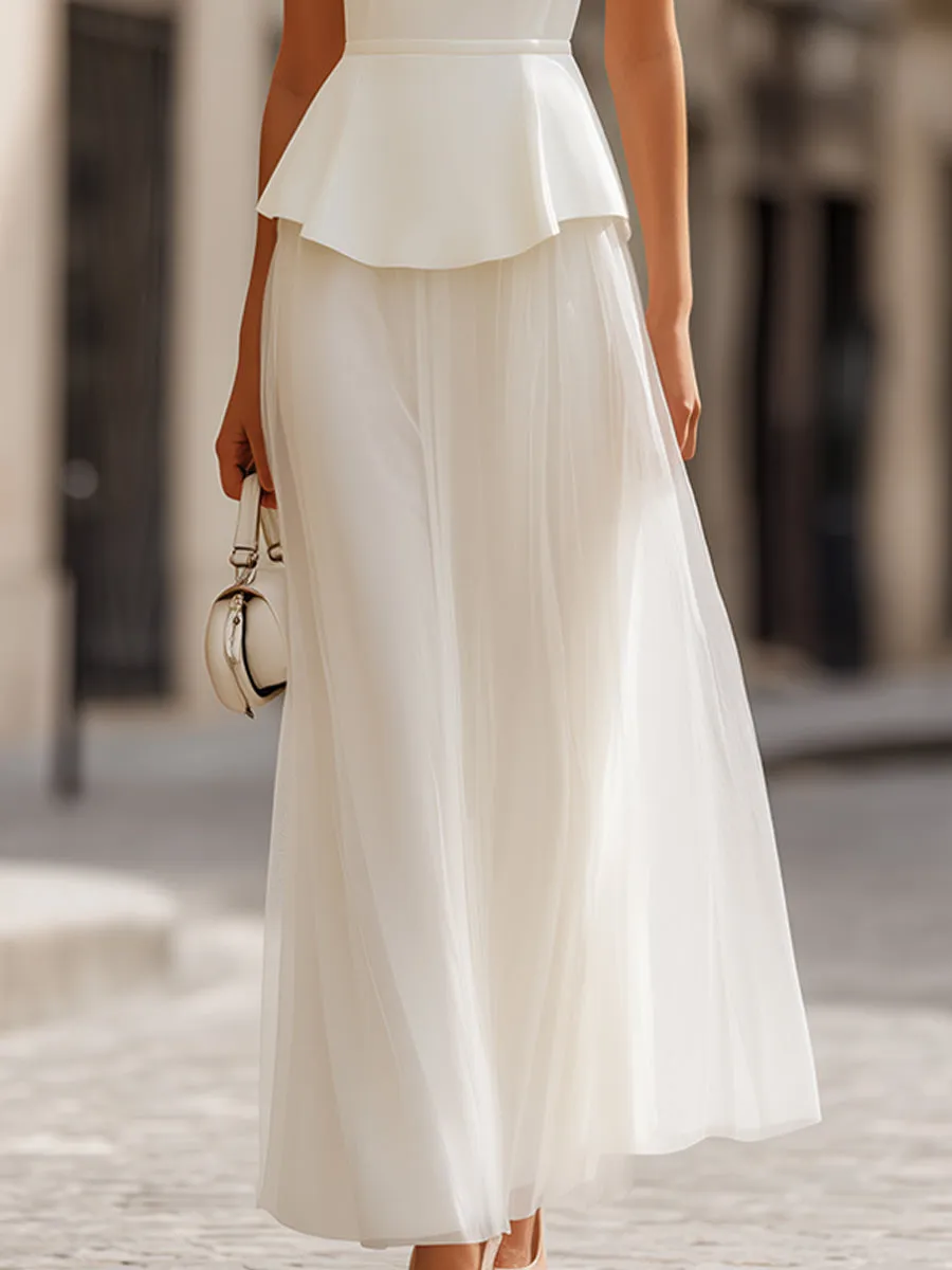 Structured Peplum Bodice Sleeveless Midi Dress With Sheer Skirt sold by Mooyius product image thumbnail 4