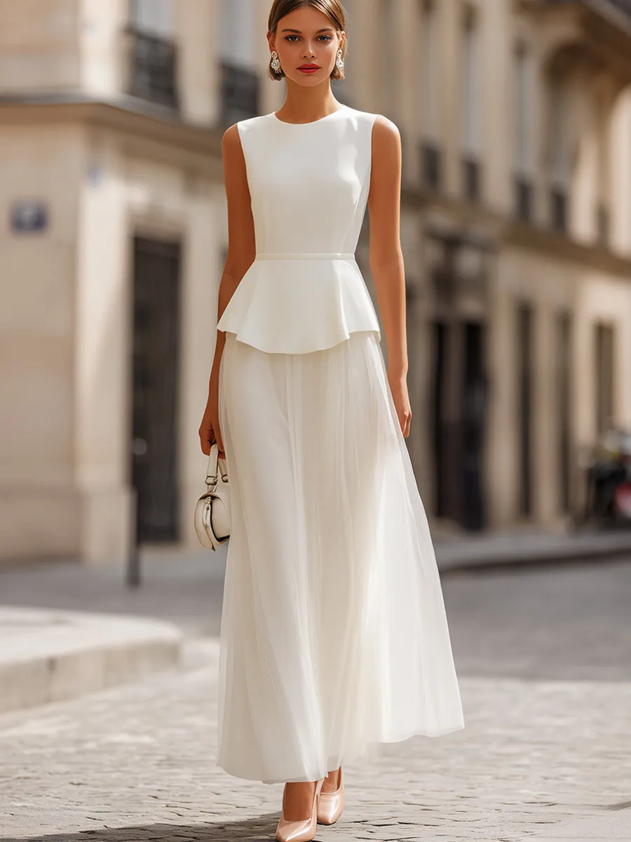 Structured Peplum Bodice Sleeveless Midi Dress With Sheer Skirt sold by Mooyius product image thumbnail 2