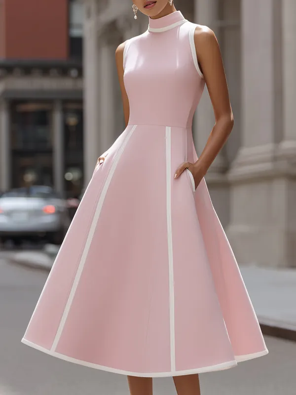 Contrast Trim High Neck A-Line Midi Dress made by Mooyius