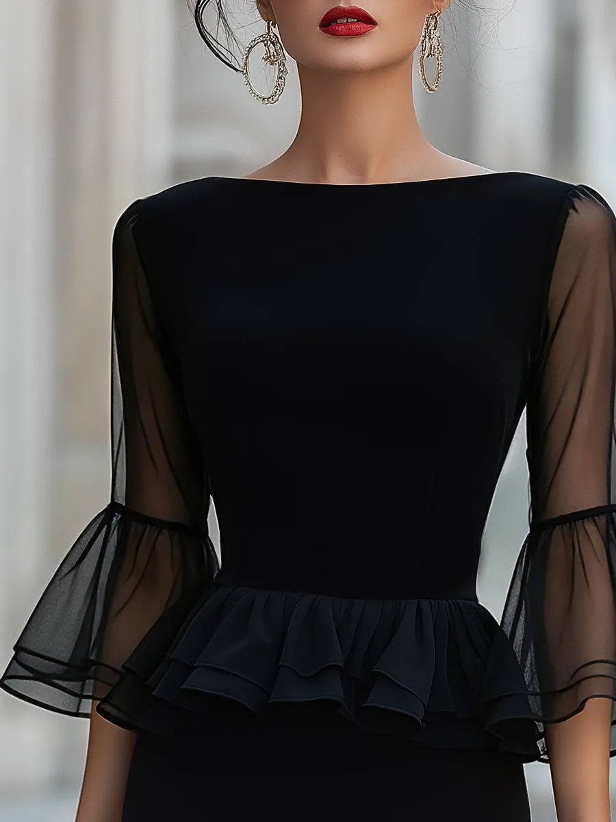Bateau Neckline Sheer Bell Sleeve Peplum Midi Dress sold by Mooyius product image thumbnail 2