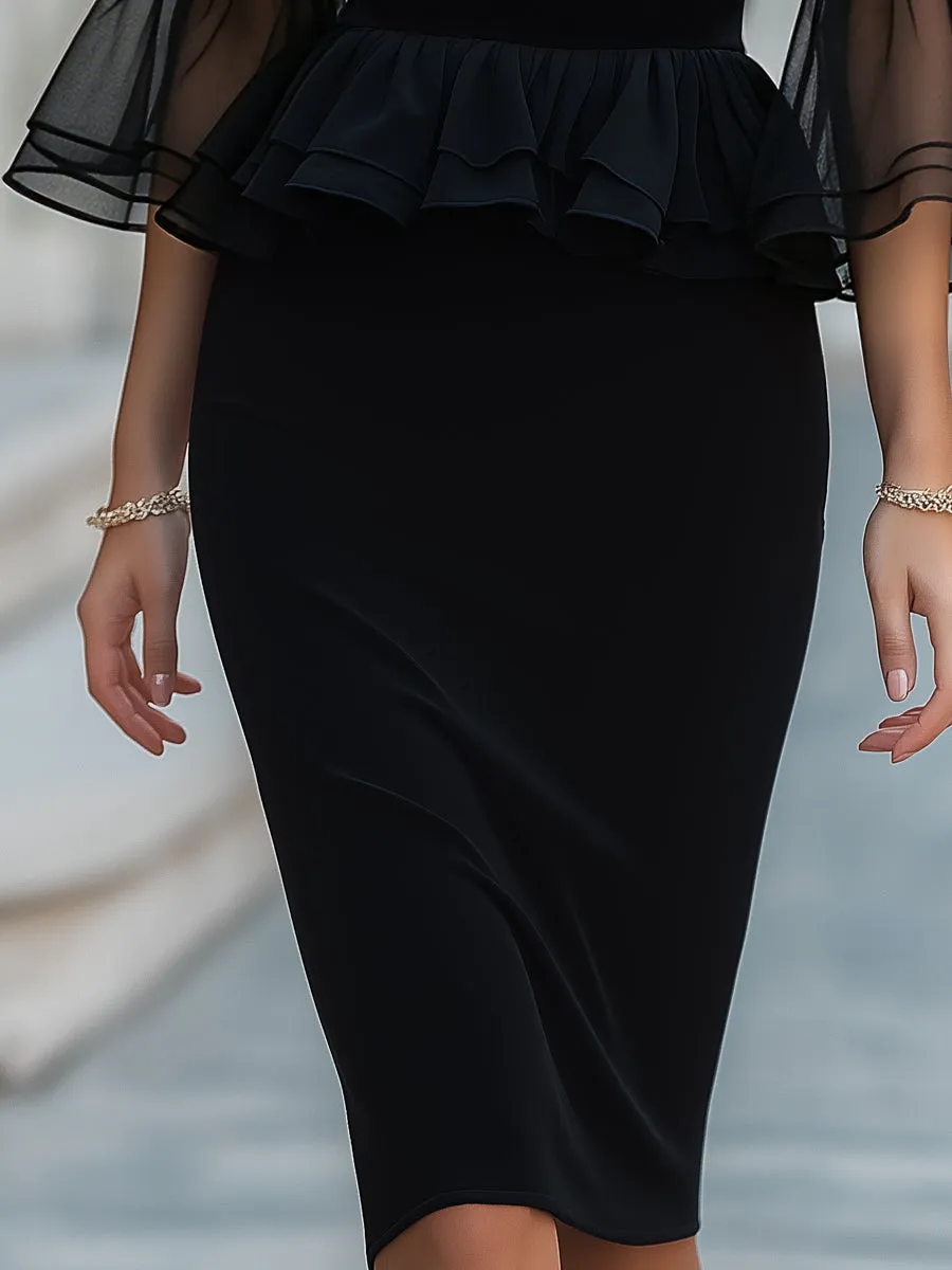 Bateau Neckline Sheer Bell Sleeve Peplum Midi Dress sold by Mooyius product image thumbnail 3