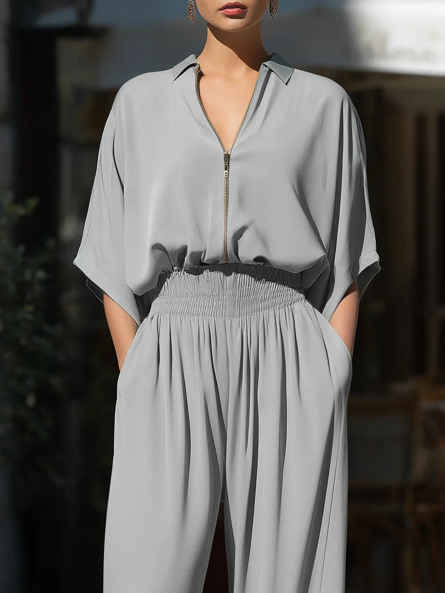 Zip-Front Relaxed Blouse And Wide-Leg Pants Set sold by Mooyius product image thumbnail 2