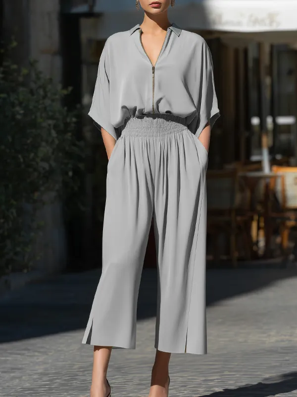 Zip-Front Relaxed Blouse And Wide-Leg Pants Set made by Mooyius