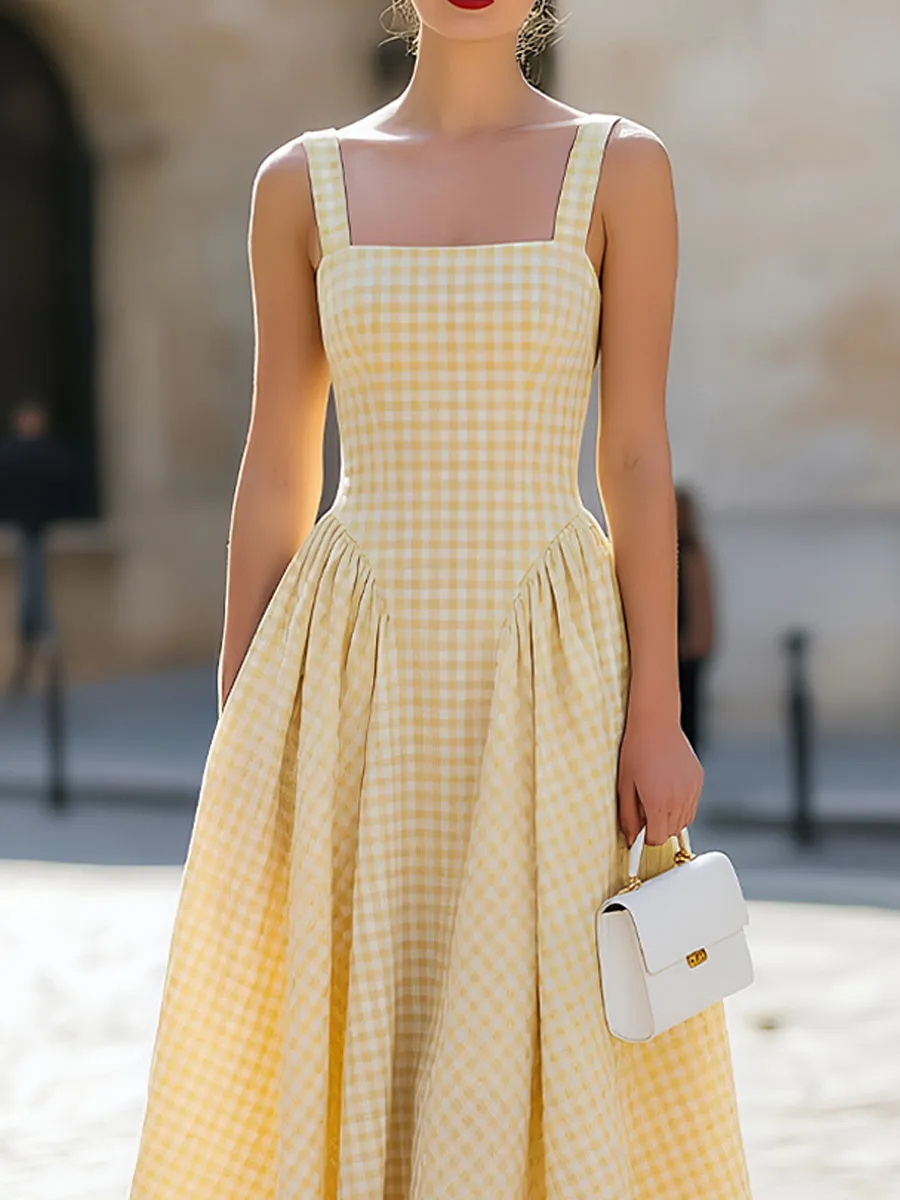 Yellow Gingham Square-Neck Sleeveless Fit-and-Flare Midi Dress sold by Mooyius product image thumbnail 2
