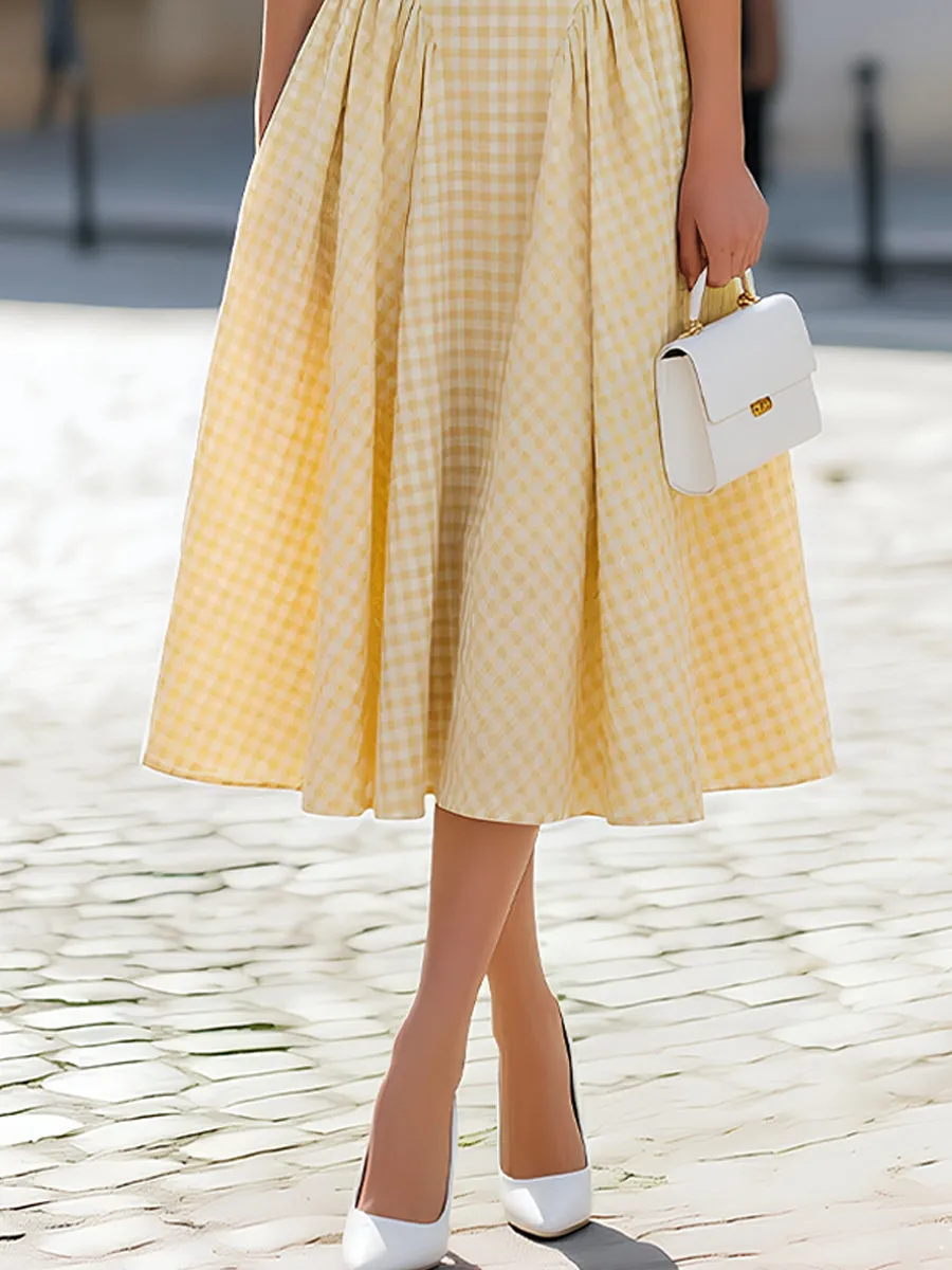 Yellow Gingham Square-Neck Sleeveless Fit-and-Flare Midi Dress sold by Mooyius product image thumbnail 3