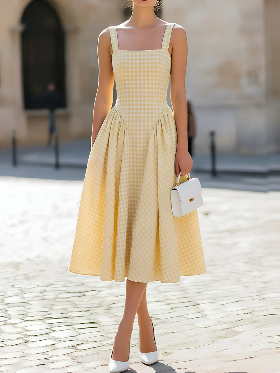 Yellow Gingham Square-Neck Sleeveless Fit-and-Flare Midi Dress sold by Mooyius