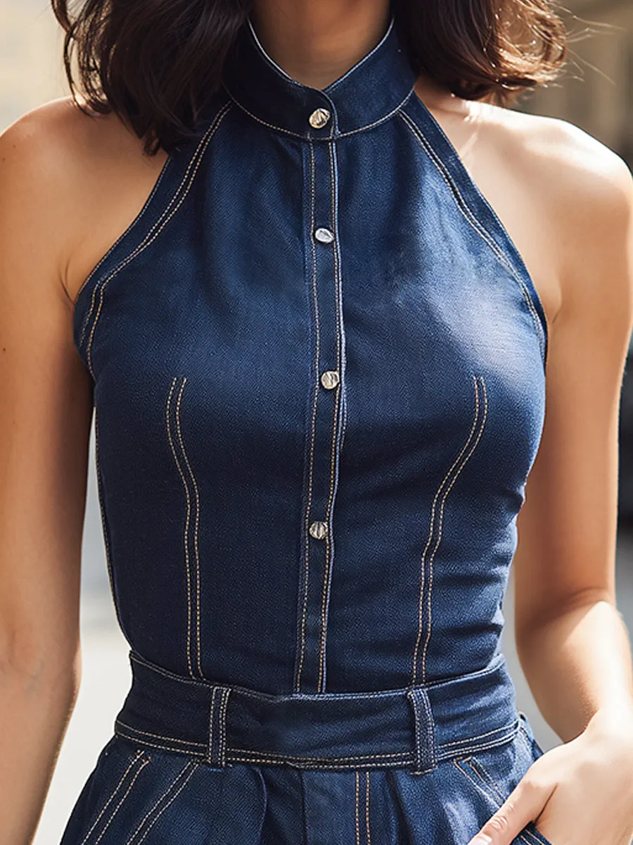 Denim Halter Neck Button-Front Tailored Romper sold by Mooyius product image thumbnail 2