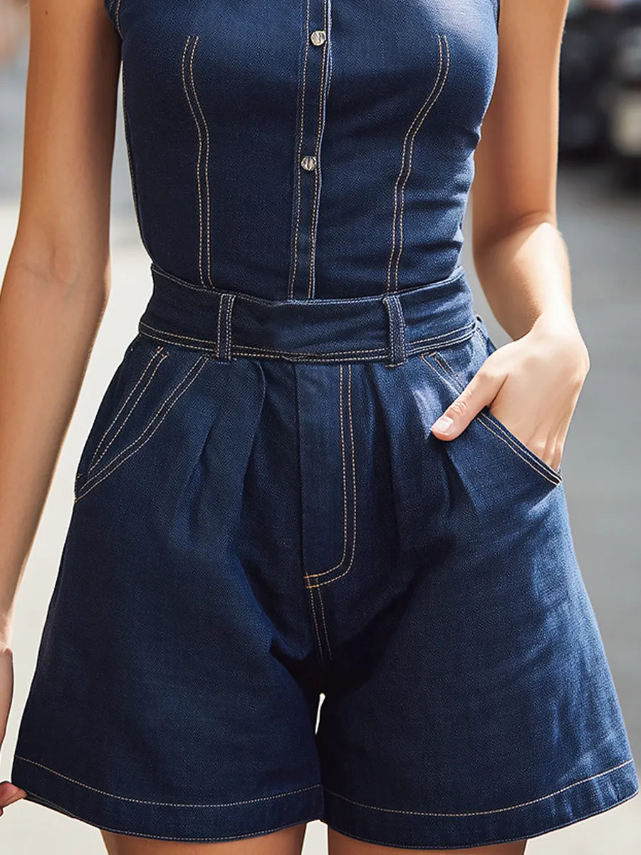 Denim Halter Neck Button-Front Tailored Romper sold by Mooyius product image thumbnail 3