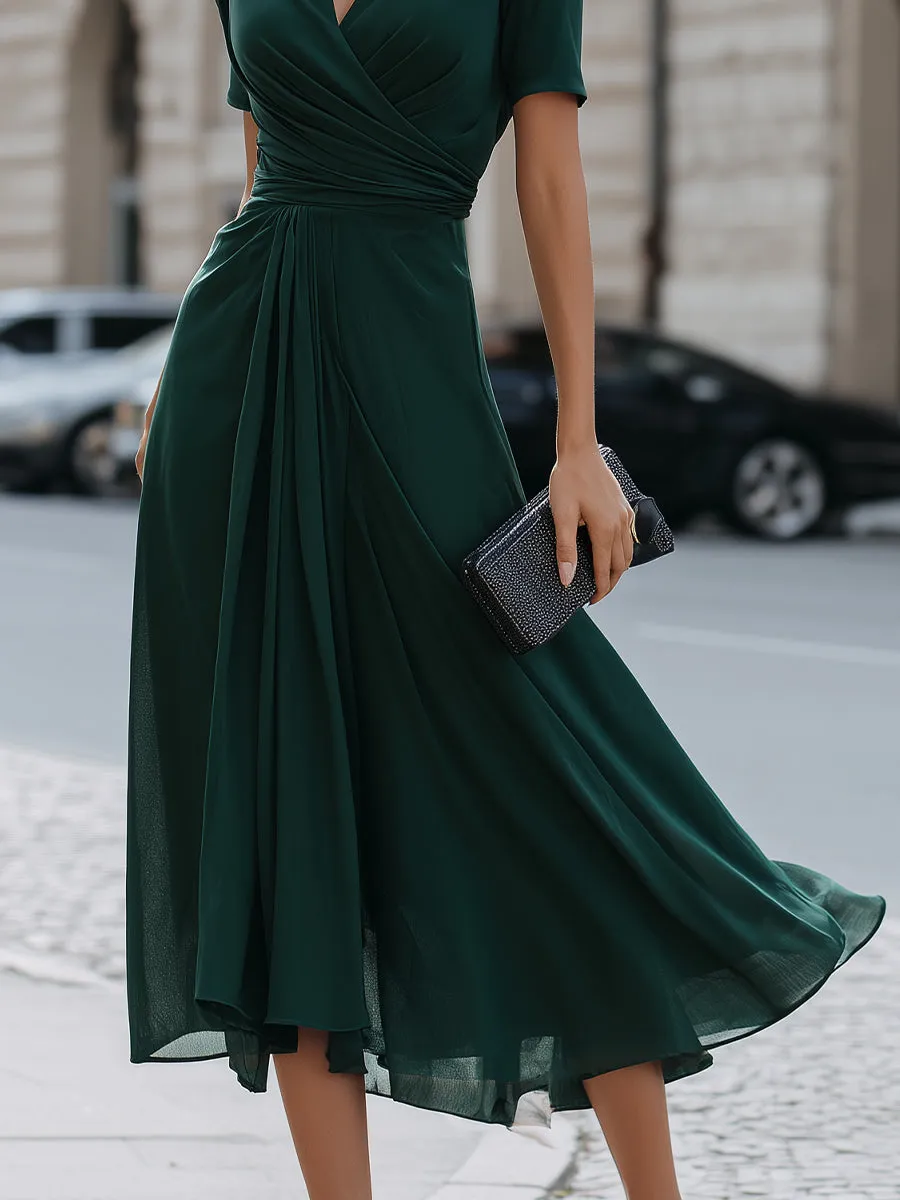 V-Neck Wrap-Style Midi Dress With Waist Draping Detail sold by Mooyius product image thumbnail 4