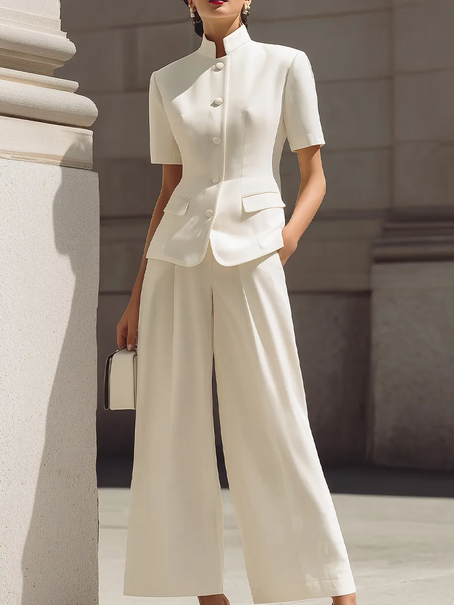 Mandarin-Collar Short-Sleeve Tailored Blazer & High-Waisted Wide-Leg Cropped Trousers Two-Piece Suit sold by Mooyius