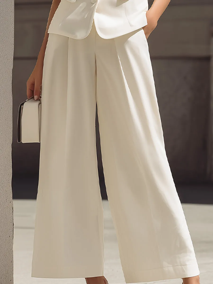 Mandarin-Collar Short-Sleeve Tailored Blazer & High-Waisted Wide-Leg Cropped Trousers Two-Piece Suit sold by Mooyius product image thumbnail 3