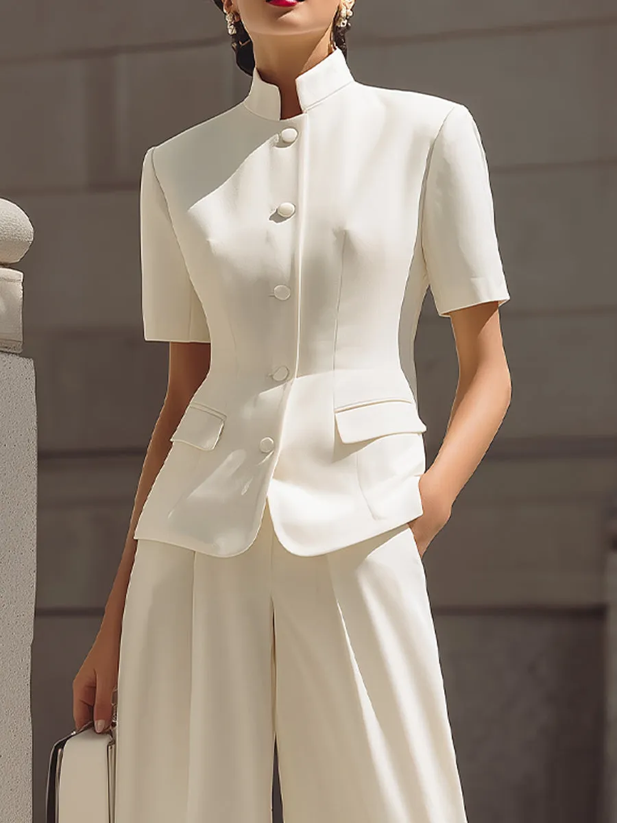 Mandarin-Collar Short-Sleeve Tailored Blazer & High-Waisted Wide-Leg Cropped Trousers Two-Piece Suit sold by Mooyius product image thumbnail 2