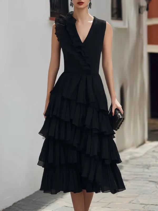 Asymmetrical Tiered Ruffle Sleeveless Midi Dress made by Mooyius