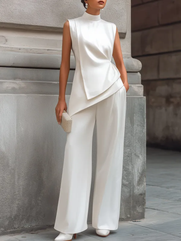 Asymmetrical Hem Satin Draped Blouse And Wide-Leg Pants Set made by Mooyius
