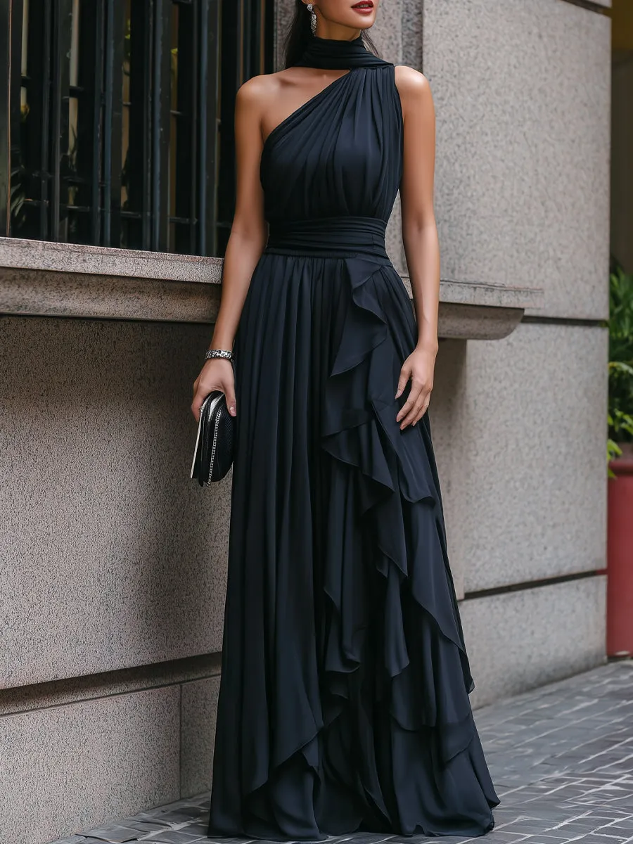 One-Shoulder Asymmetrical Chiffon Ruffles Maxi Gown sold by Mooyius