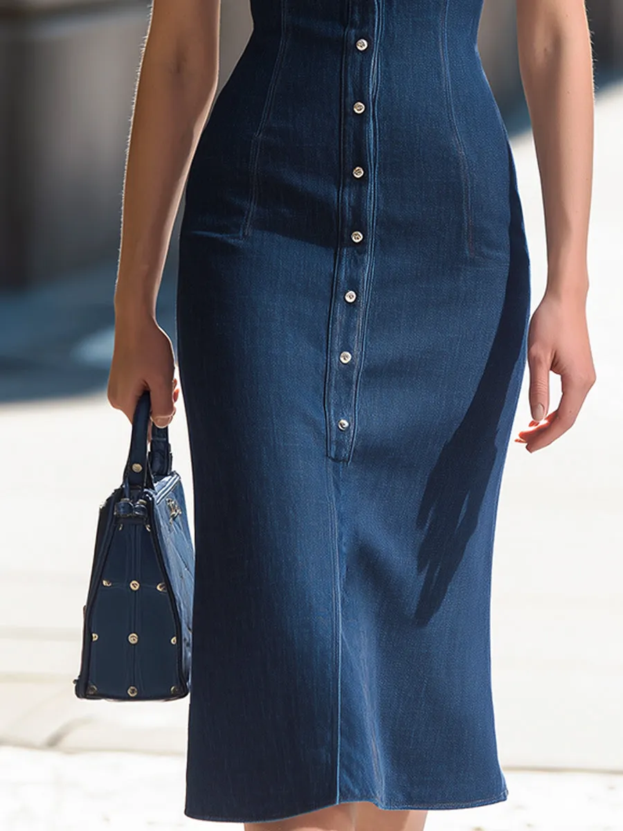Tailored Sleeveless Denim Midi Dress sold by Mooyius product image thumbnail 2