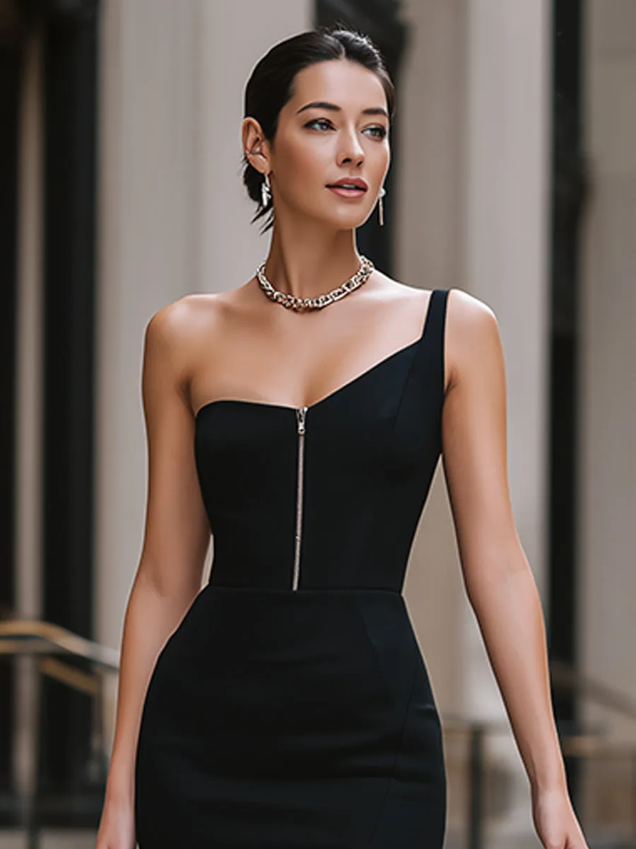 Asymmetrical One-Shoulder Zip Front Cocktail Dress sold by Mooyius product image thumbnail 2