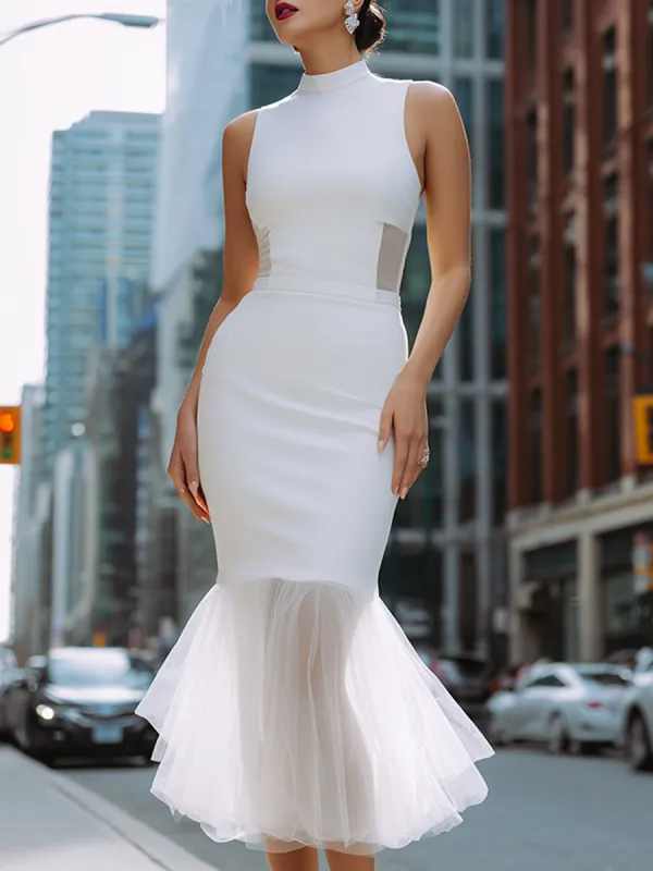 Elegant Mesh Hem Mermaid Midi Dress made by Mooyius
