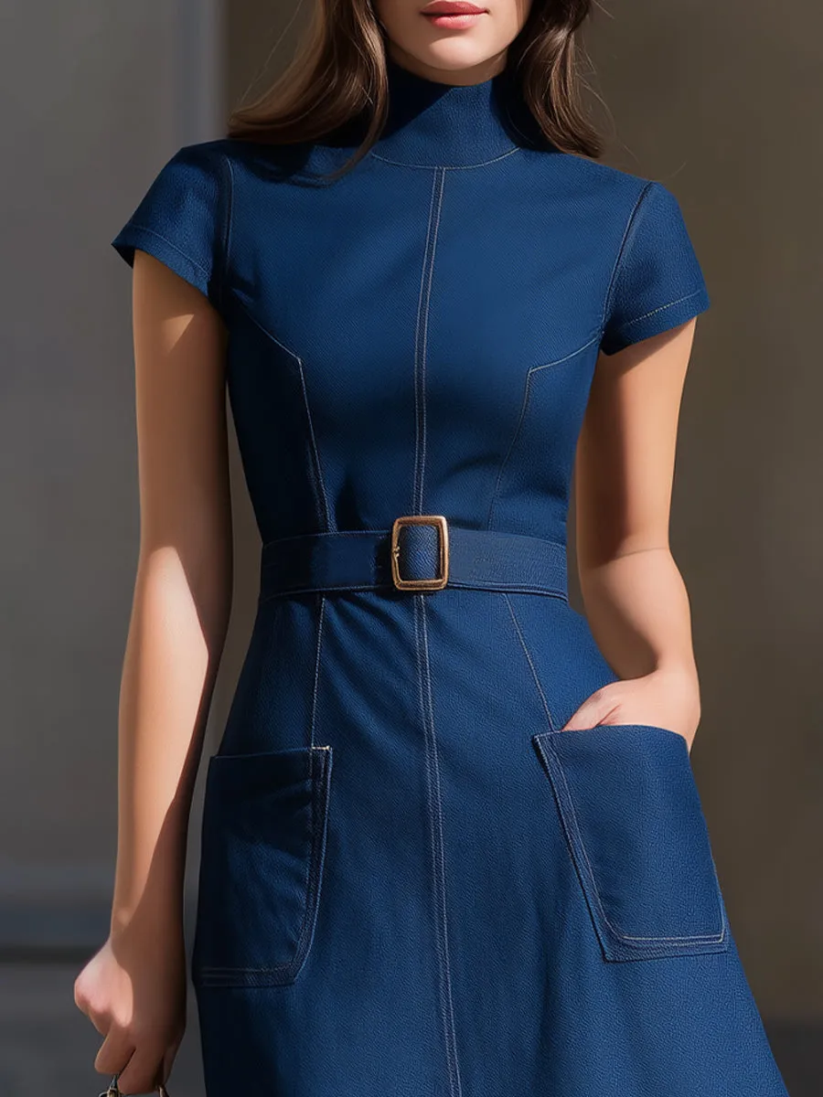 High-Neck Short-Sleeve Denim Fit-and-Flare Mini Dress With Belt & Pockets sold by Mooyius product image thumbnail 3
