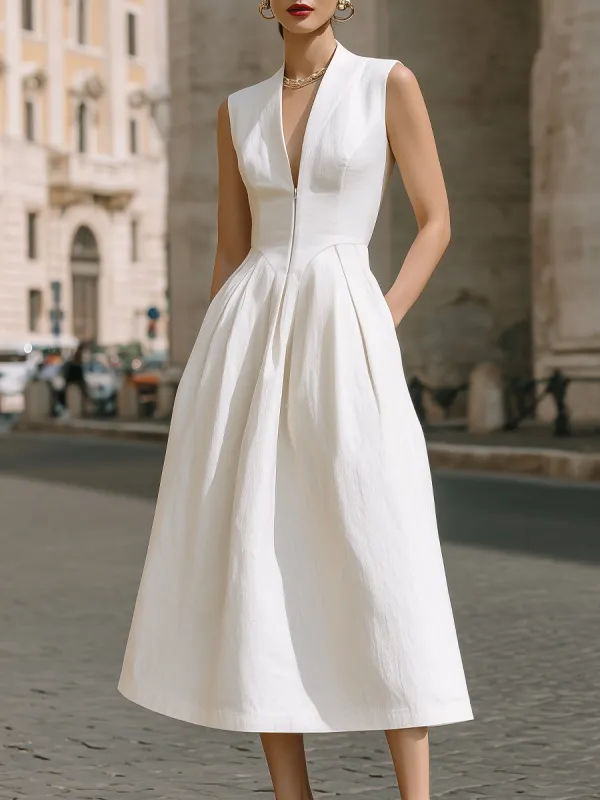 Sleeveless Deep V-Neck Sculpted Midi Dress made by Mooyius