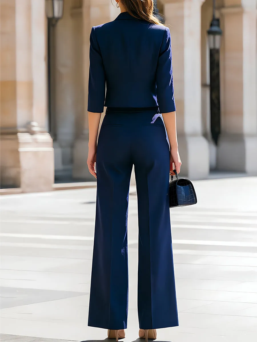 Mandarin-Collar Cropped Blazer & High-Waisted Wide-Leg Trousers Two-Piece Suit sold by Mooyius product image thumbnail 2