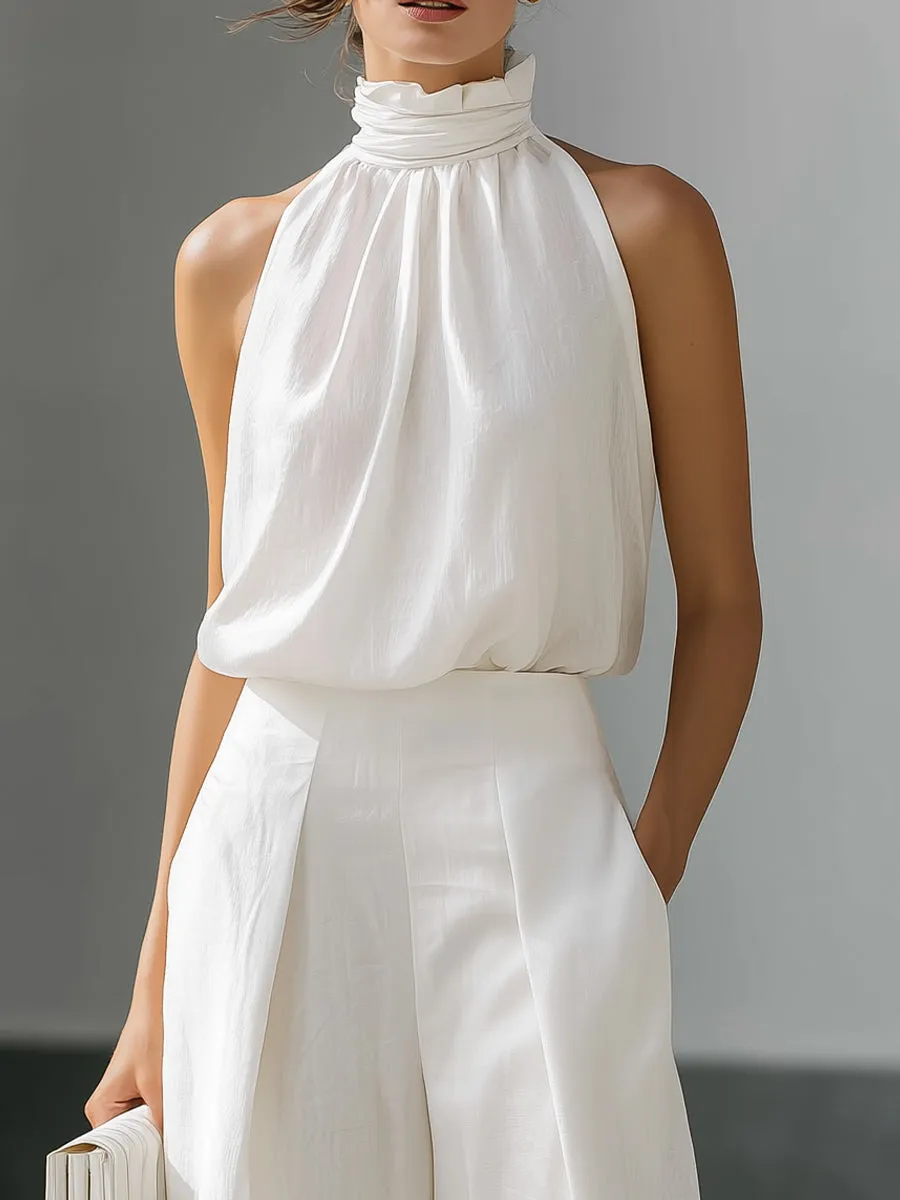 High-Neck Halter Top And Wide-Leg Trousers Set With Fluid Silhouette sold by Mooyius product image thumbnail 3