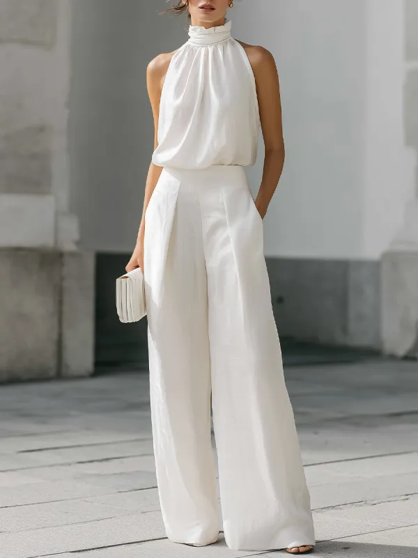 High-Neck Halter Top And Wide-Leg Trousers Set With Fluid Silhouette made by Mooyius
