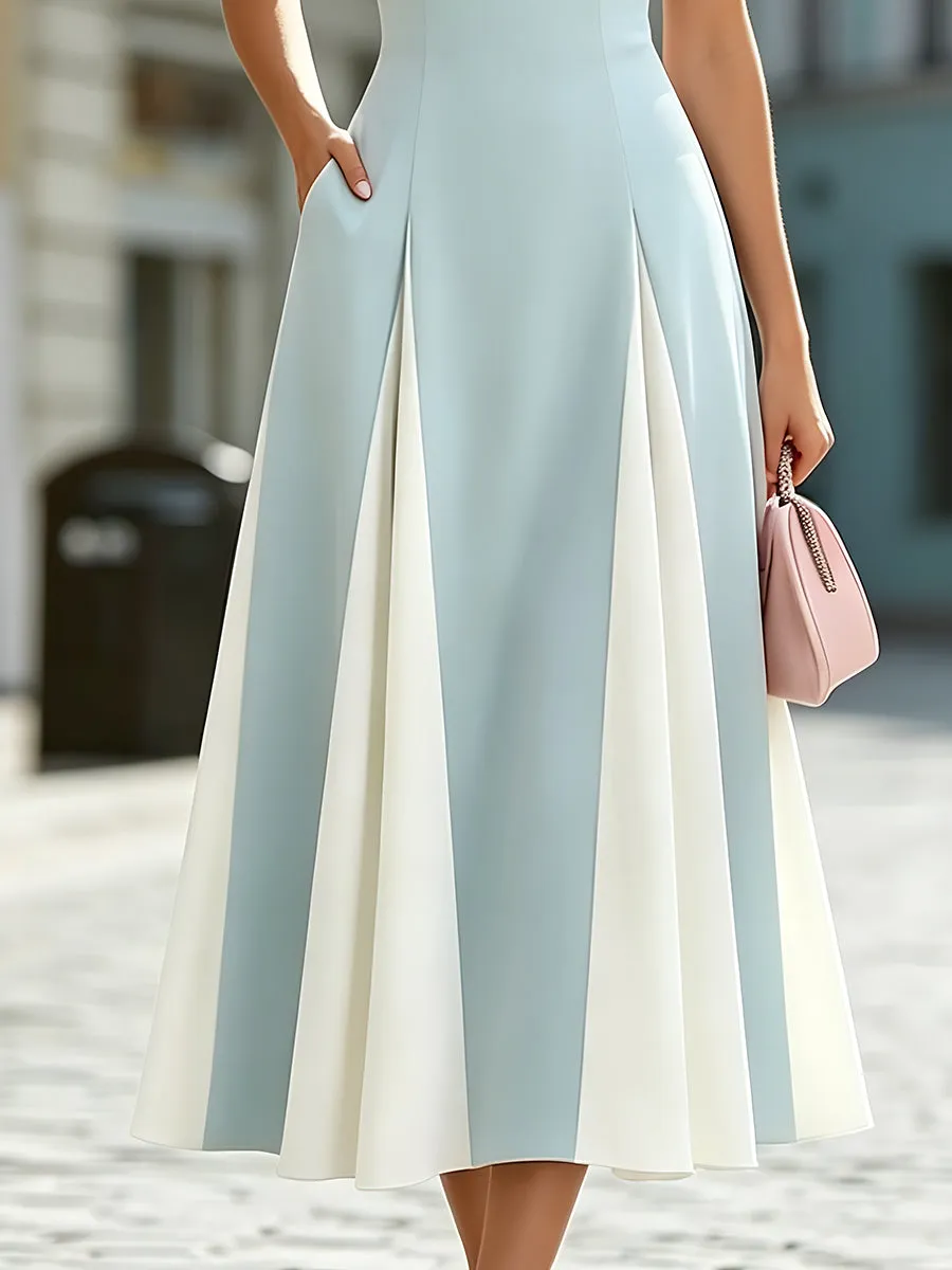 Sleeveless V-Neck Colorblock Pleated A-Line Midi Dress sold by Mooyius product image thumbnail 4