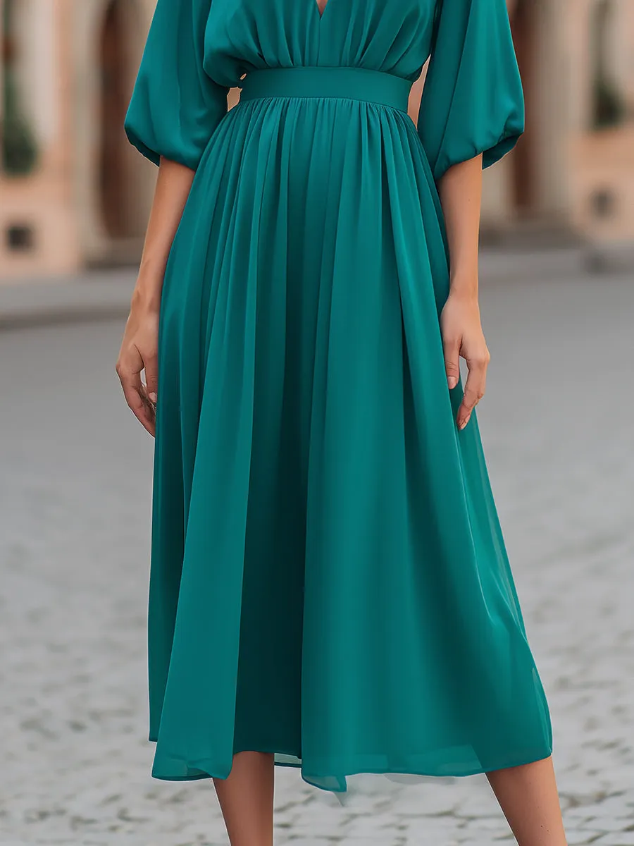 Deep V-Neck Gathered Waist Flowing Midi Dress sold by Mooyius product image thumbnail 4