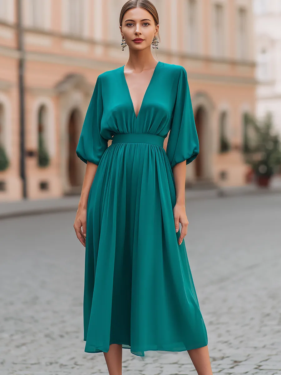 Deep V-Neck Gathered Waist Flowing Midi Dress sold by Mooyius product image thumbnail 2