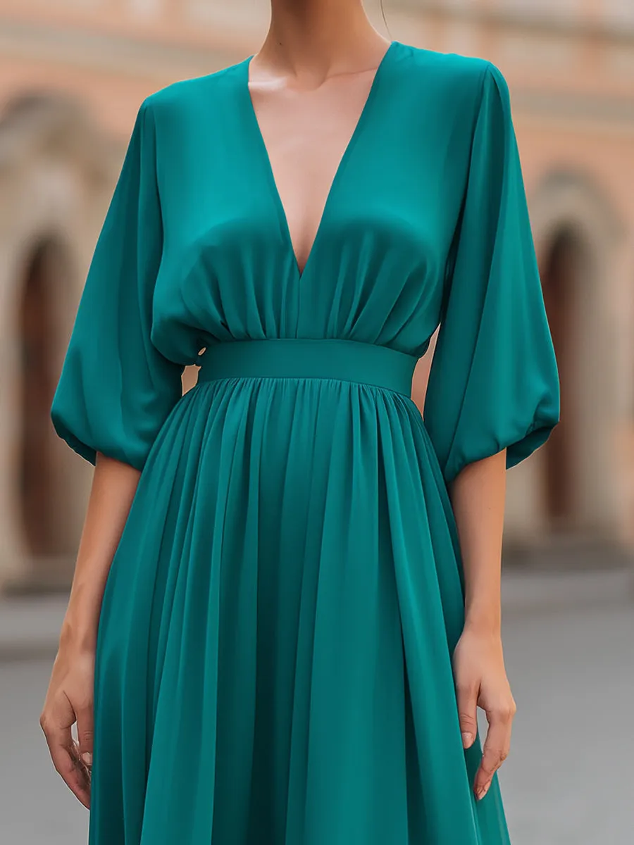 Deep V-Neck Gathered Waist Flowing Midi Dress sold by Mooyius product image thumbnail 3