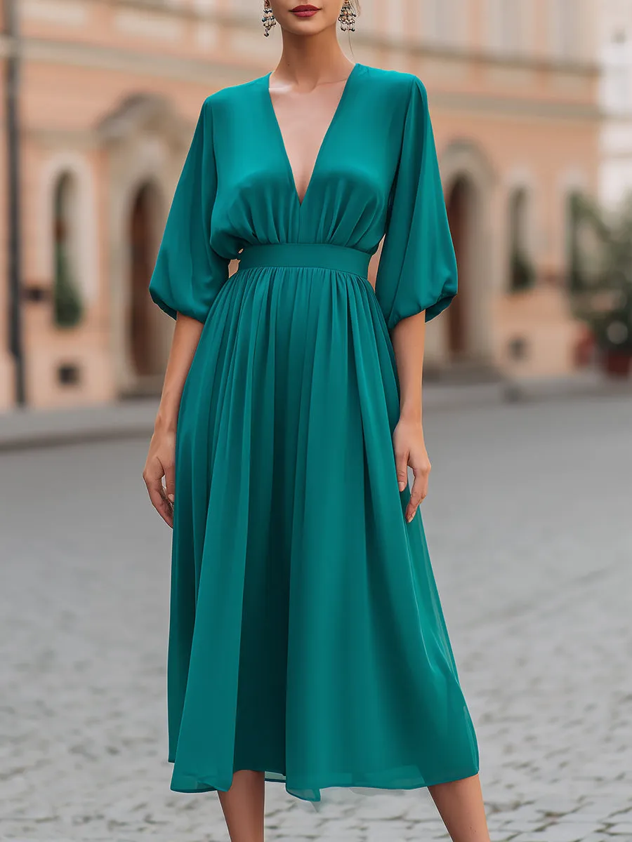 Deep V-Neck Gathered Waist Flowing Midi Dress sold by Mooyius