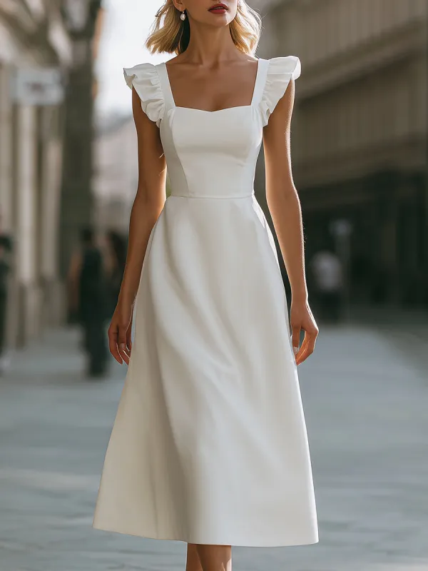 Square Neck Ruffle Strap A-Line Midi Dress made by Mooyius