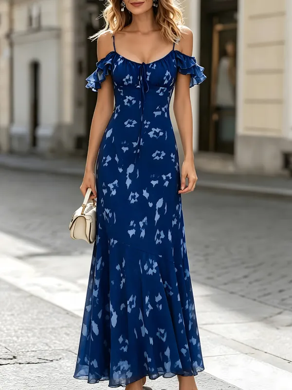 Off-Shoulder Ruffle Sleeve Printed Maxi Dress made by Mooyius