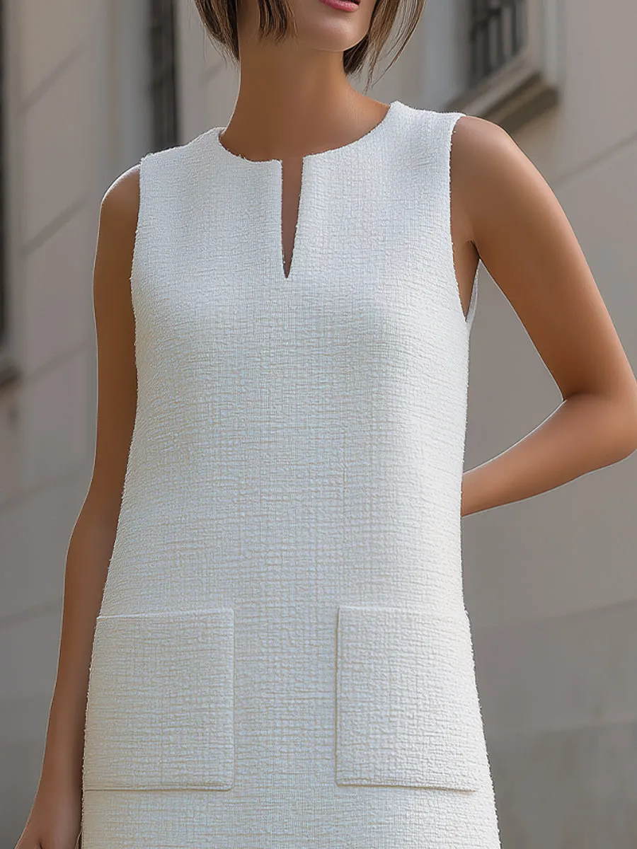 Sleeveless Keyhole Neck Tweed Shift Mini Dress With Patch Pockets sold by Mooyius product image thumbnail 2