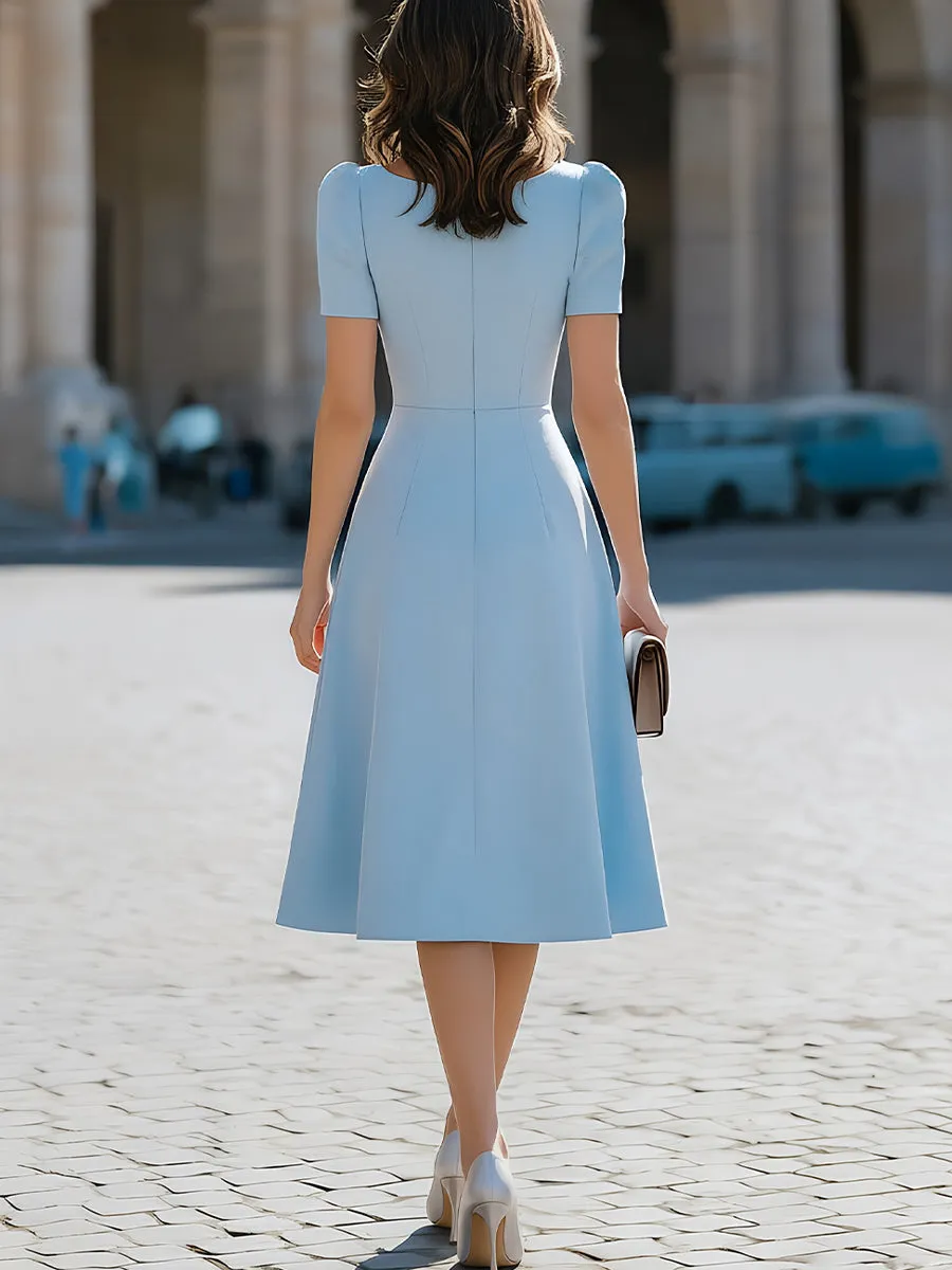 Square-Neck Bow-Detail Puff-Sleeve Fit-and-Flare Midi Dress sold by Mooyius product image thumbnail 2