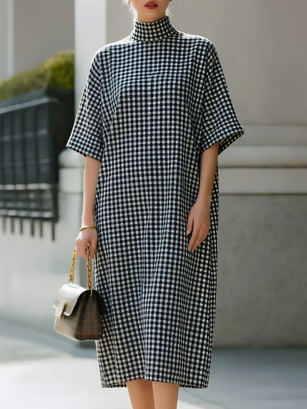 Black-and-White Gingham High-Neck Short-Sleeve Midi Shift Dress made by Something Navy