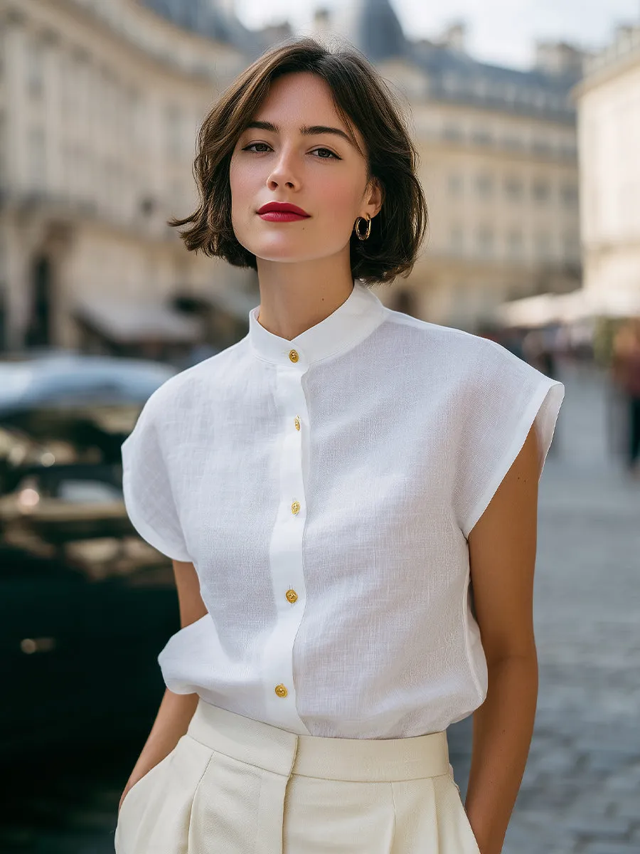Mandarin Collar Button-Front Cap Sleeve Blouse sold by Mooyius product image thumbnail 2