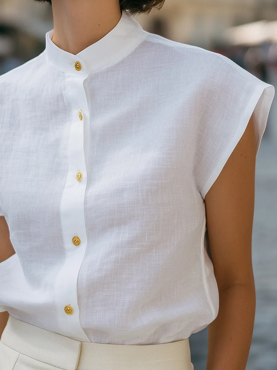Mandarin Collar Button-Front Cap Sleeve Blouse sold by Mooyius product image thumbnail 4
