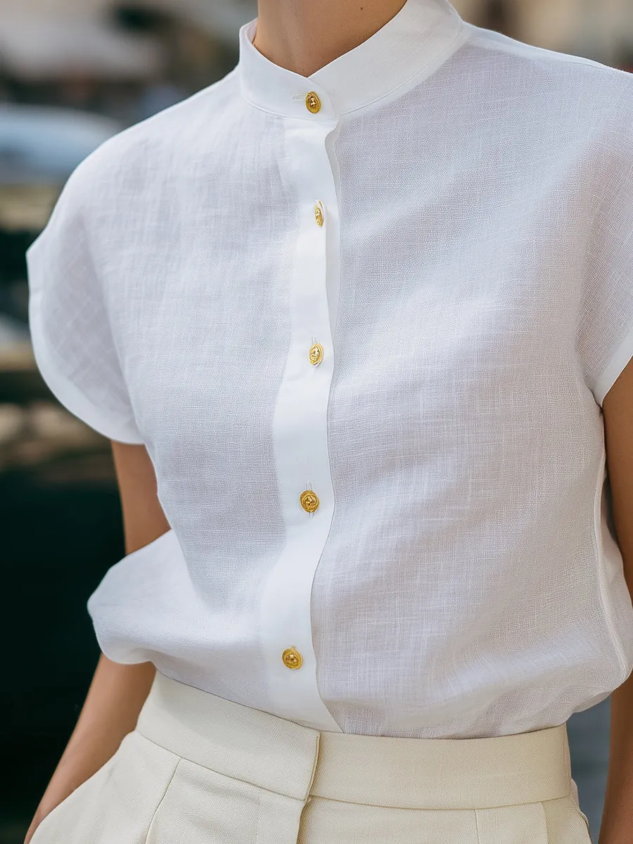 Mandarin Collar Button-Front Cap Sleeve Blouse sold by Mooyius product image thumbnail 3