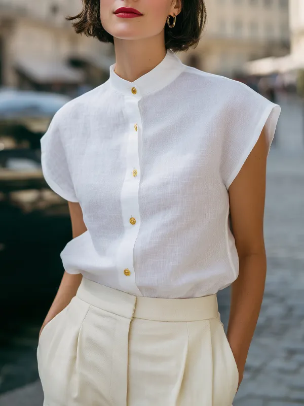 Mandarin Collar Button-Front Cap Sleeve Blouse made by Mooyius