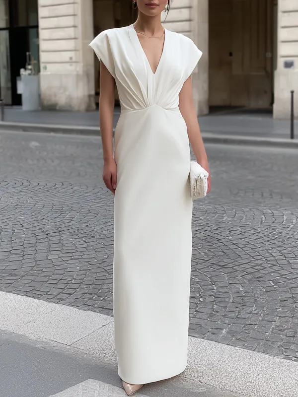 V-Neck Pleated Waist Maxi Dress With Cap Sleeves made by Mooyius