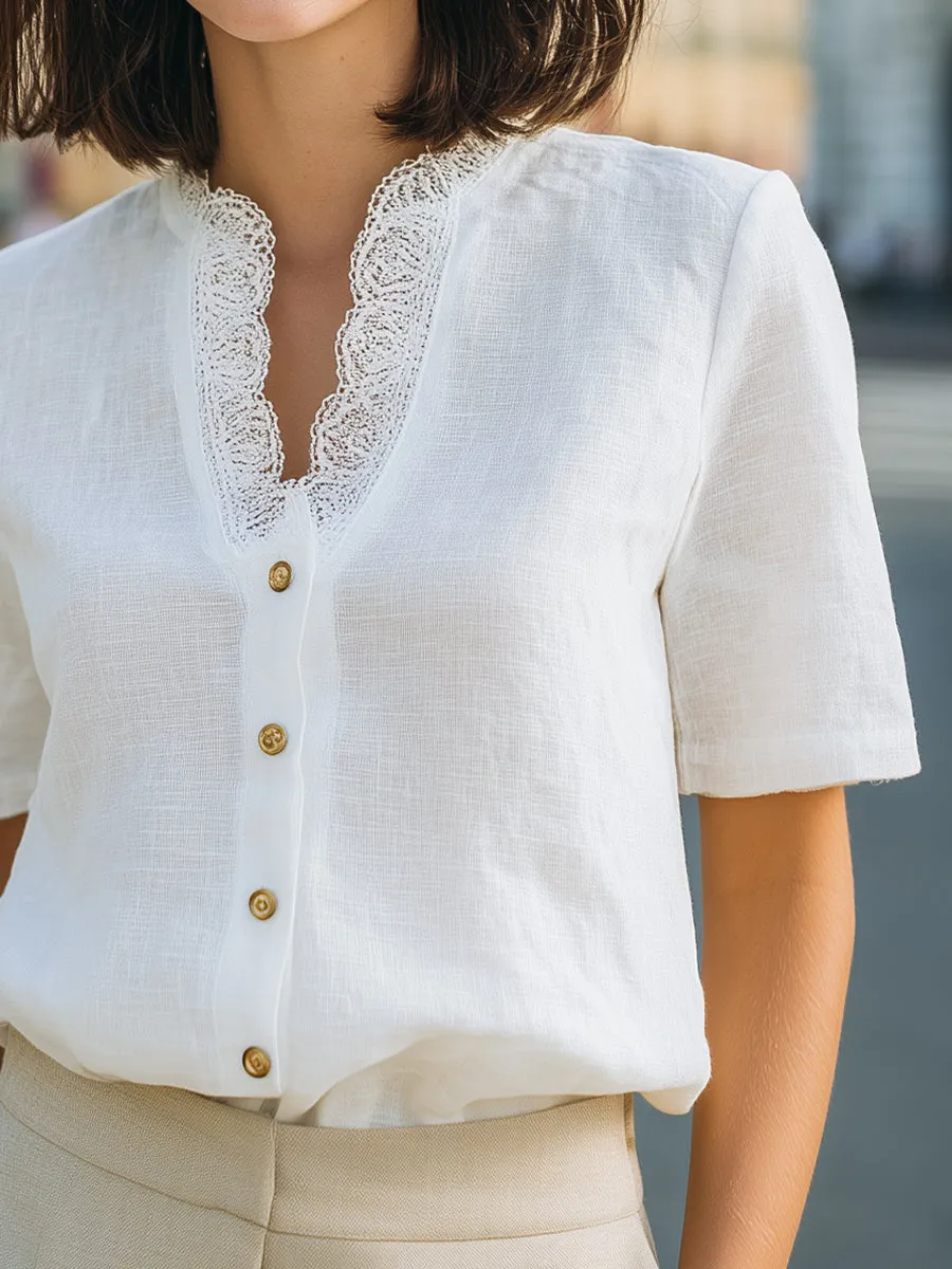 Lace-Trim V-Neck Button-Front Short Sleeve Blouse sold by Mooyius product image thumbnail 4