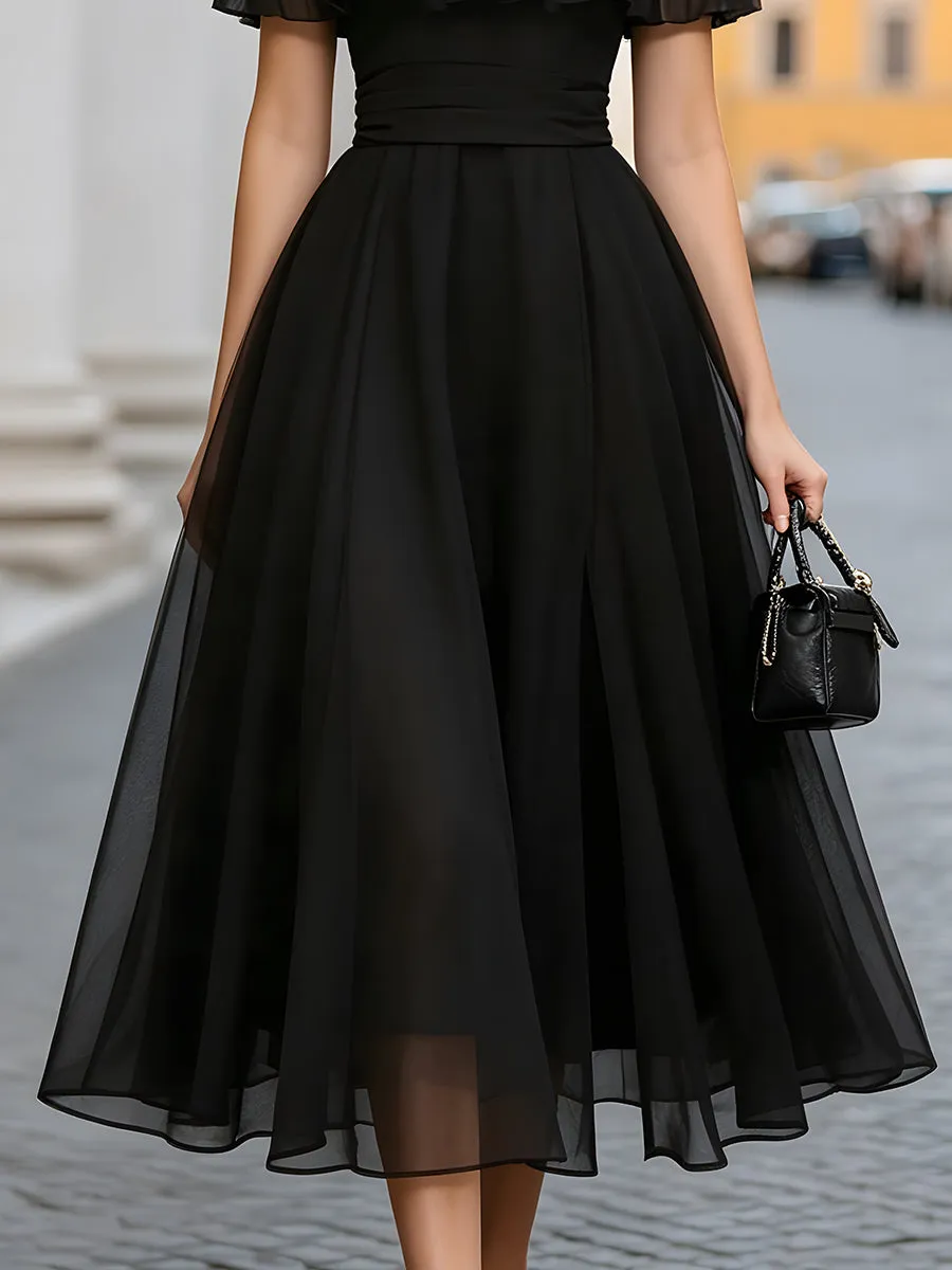 Off-Shoulder Ruffle Organza A-Line Midi Dress sold by Mooyius product image thumbnail 3