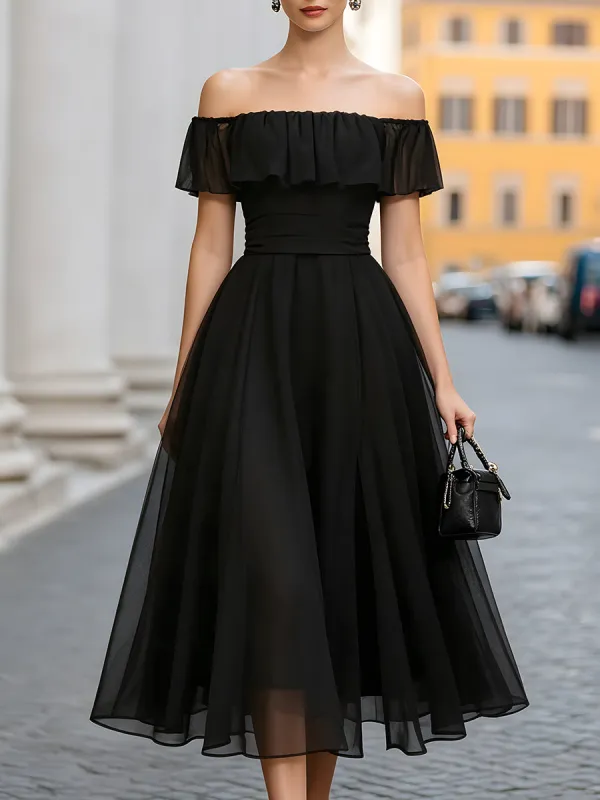 Off-Shoulder Ruffle Organza A-Line Midi Dress made by Mooyius
