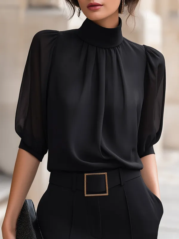 Mock Neck Chiffon Puff Sleeve Blouse made by Mooyius
