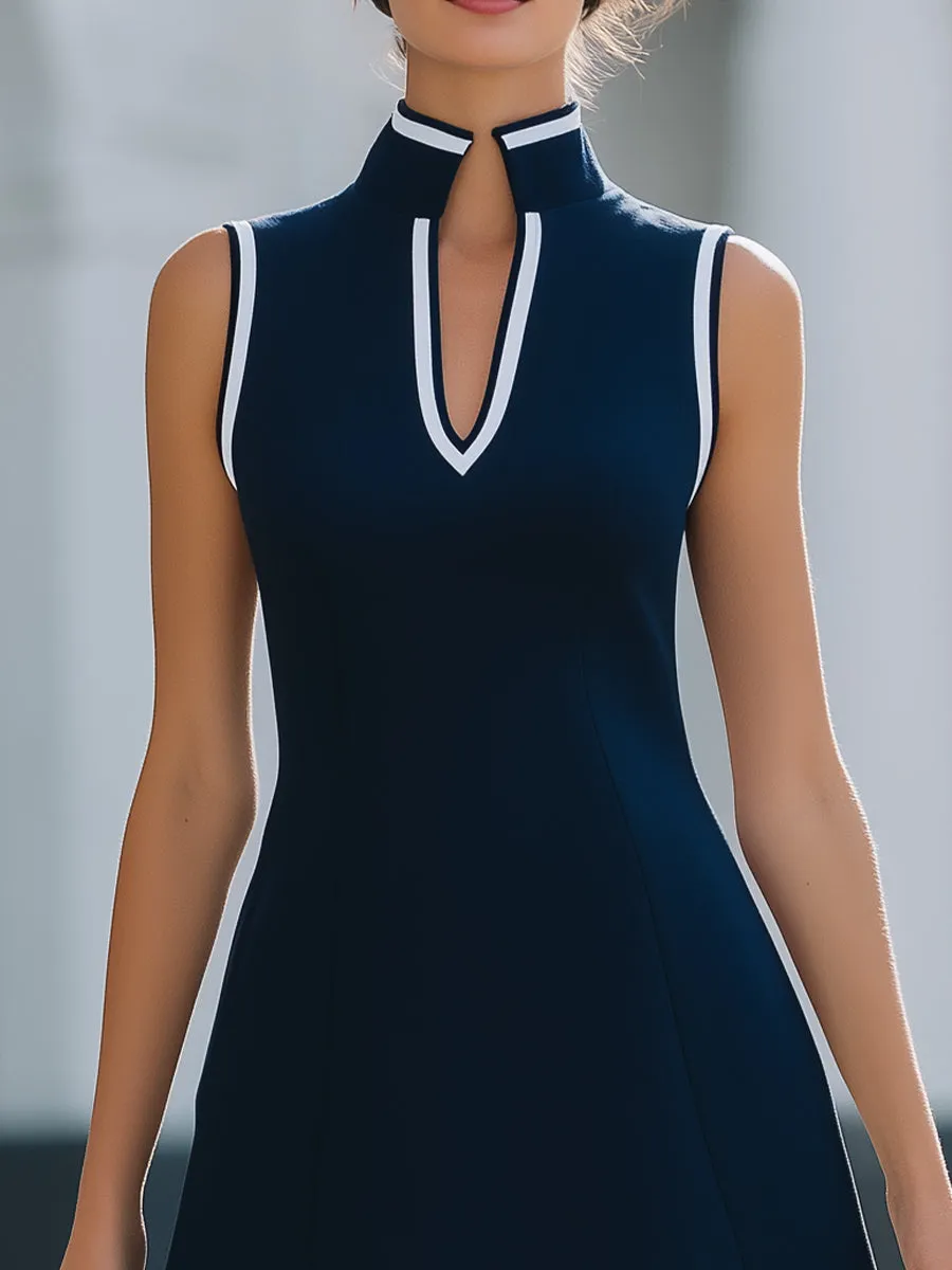 Mandarin-Collar White-Trim Sleeveless A-Line Mini Dress sold by Mooyius product image thumbnail 2