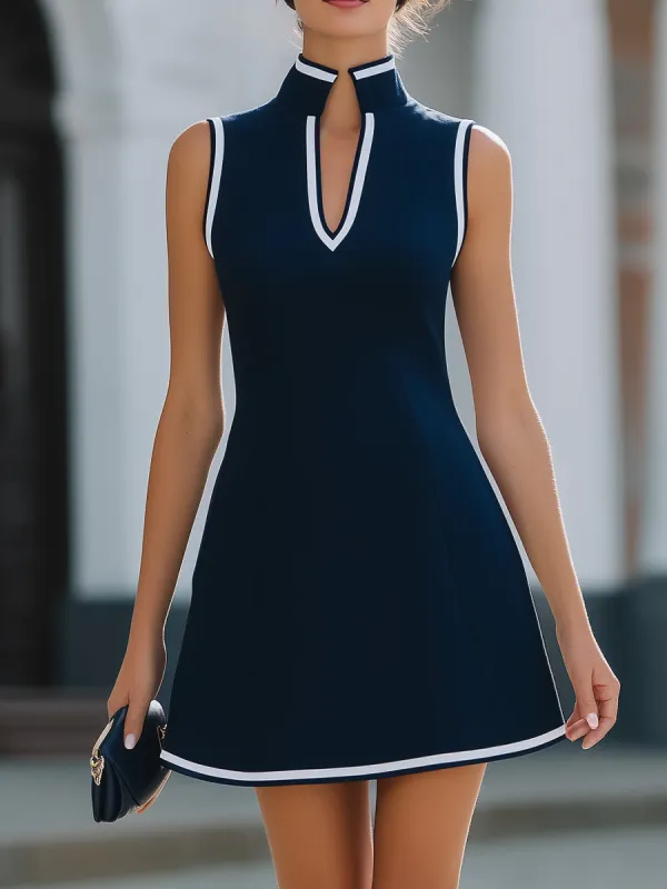 Mandarin-Collar White-Trim Sleeveless A-Line Mini Dress made by Something Navy