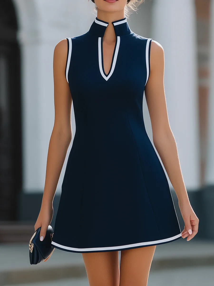 Mandarin-Collar White-Trim Sleeveless A-Line Mini Dress sold by Mooyius
