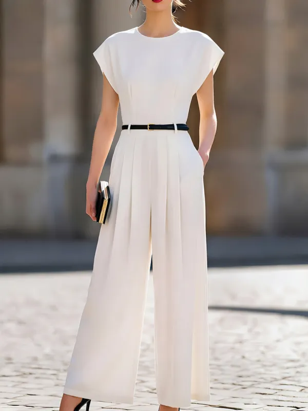 Cap-Sleeve Round-Neck Belted Wide-Leg Jumpsuit made by Something Navy